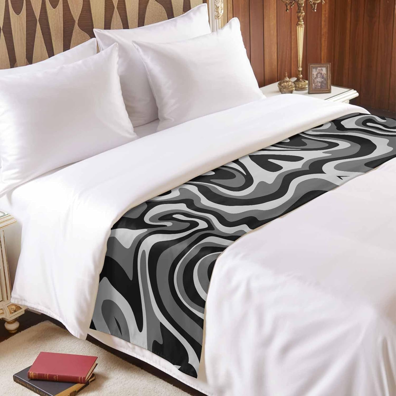 Black White Bed Runner Scarf Bedding Accessory For Twin Size Bed,Soft Bed Scarves And Runners Stainproof Dustproof Bedroom Protector For Hotel Wedding Room,Modern Abstract Ombre Aesthetics Art 71"x20"