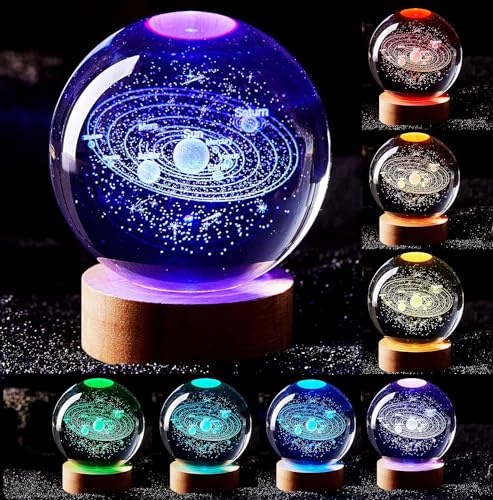Image of HAMSA KITCHEN & LIFESTYLE 3D Crystal Ball With LED Wooden Base-Solar System Night Light, 3D Crystal Ball, Galaxy Lamp Ball,Light Lamp With USB Powered (16 Colour Galaxy)