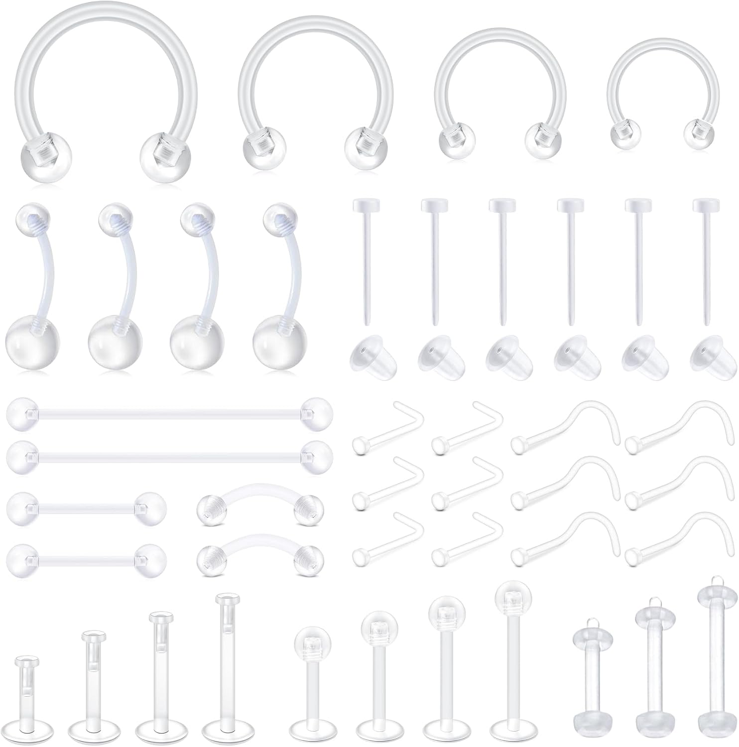 D.Bella Mix Style Clear Piercing Retainer Flexible Nose Septum Lip Ear Eyebrow Nipple Tongue Belly Button Rings Cartilage Tragus Earrings Retainer Bioflex Plastic Industrial Barbell Piercing Retainer