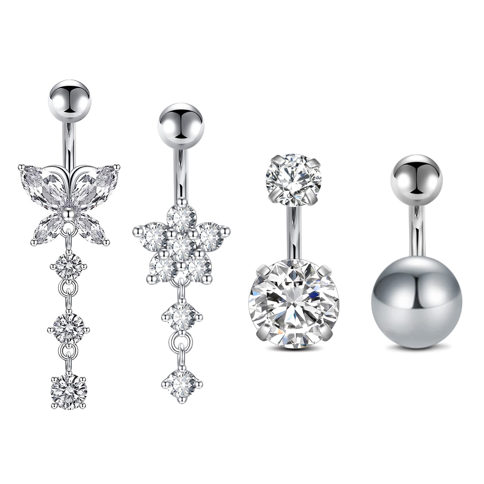 QWALIT Belly Rings - Short Bar Belly Button Rings in Surgical Steel with Opal Stones - 6mm & 10mm