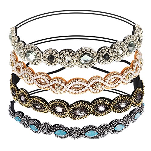 Pangda 4 Pieces Handmade Rhinestone Crystal Headbands Beaded Elastic Fashion Headbands