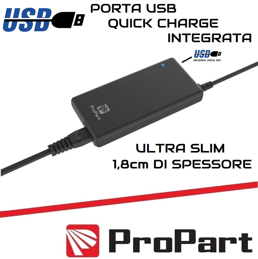 PROPART Alimentador UltraSlim Universal con 11 Adaptadores, 2,8 Metros, Compatible con la mayoría de PC/Notebook y Lenovo Thinkpad hasta 90W + Extra Puerto USB