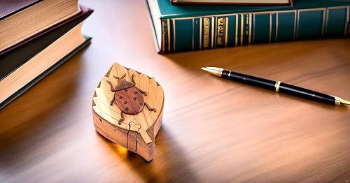 Lady Bug - Caja de rompecabezas de madera secreta de Intarsia, hecha a mano de maderas exóticas naturales