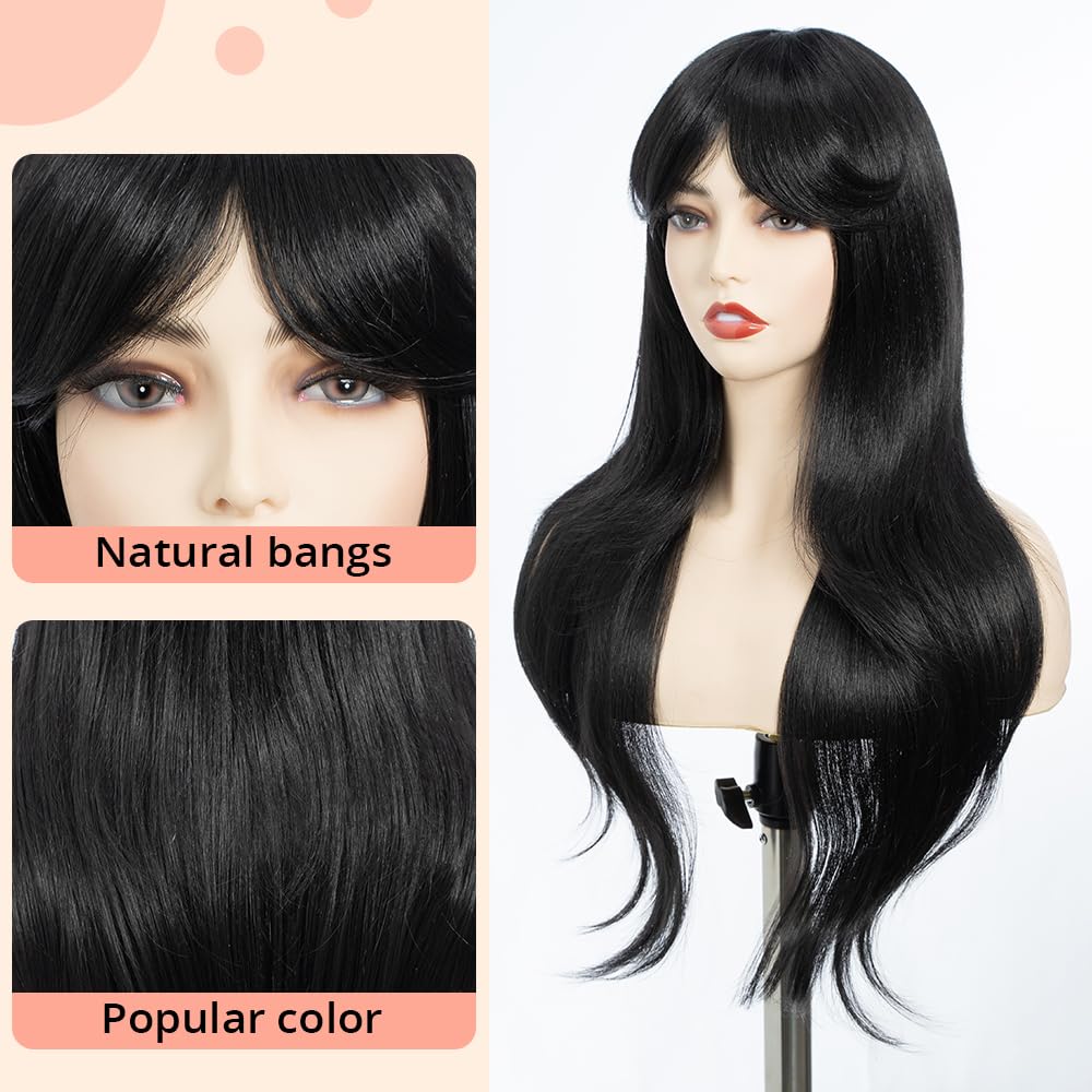 DÉBUT Long Black Wig With Fringe for Women Heat Resistant Synthetic Layered Hair Wigs With Bangs for Daily Party Cosplay Use(26 inches - Image 3