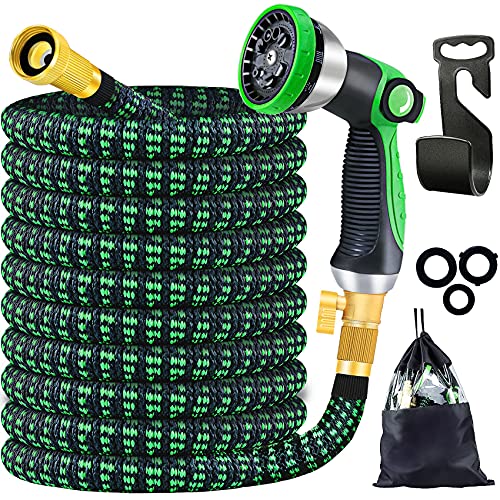 Expandable Garden Hose 75ft with 10 Function Washing Spray Nozzle,4 Layers Latex and Solid Brass Fittings,Flexible Water Hose,Leakproof Lightweight Yard Hose Water Pipe for Watering Equip,Car Washing