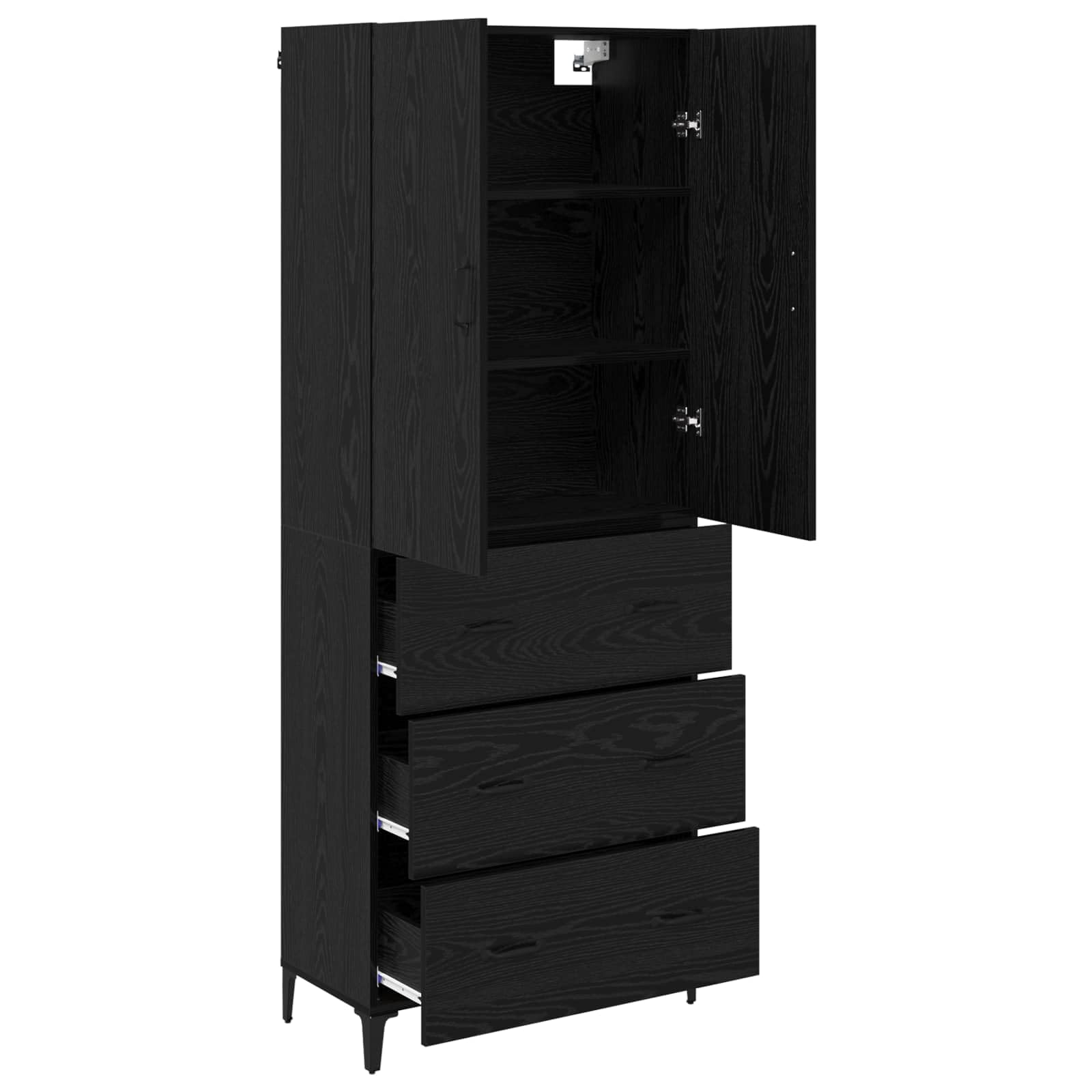 Armario alto negro con aspecto de roble - 69,5 x 34 x 180 cm - Montaje en pared con cajón y puerta - Armario de cocina moderno y armario de salón para pasillo, comedor u oficina