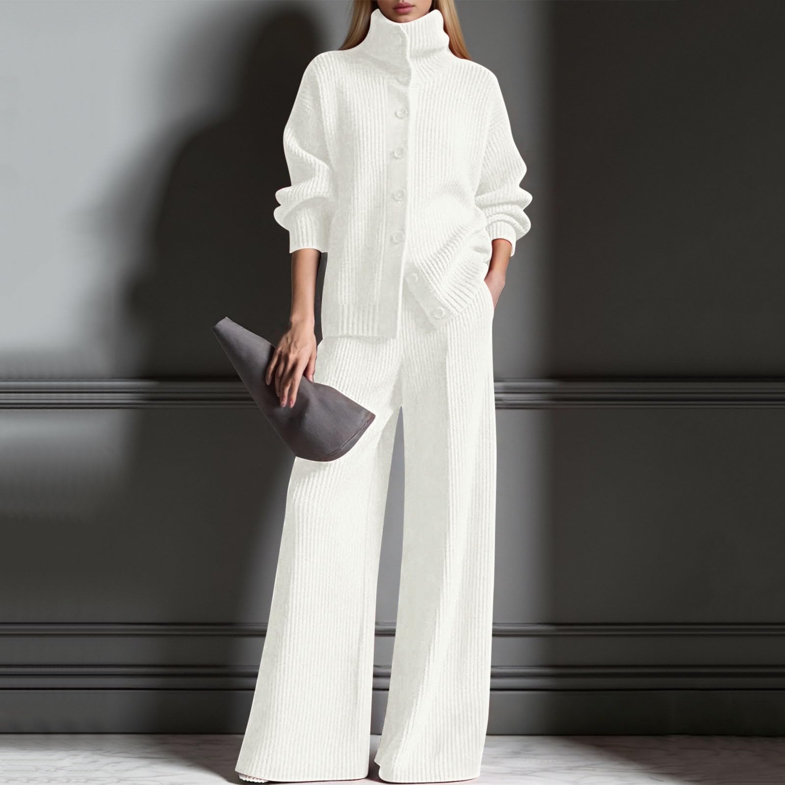 Elegante Top in Maglia da Donna e Pantaloni a Gamba Larga per Un Abbigliamento Moderno. Comodo Cardigan a Collo Alto con Completo in Maglia Tinta Unita.