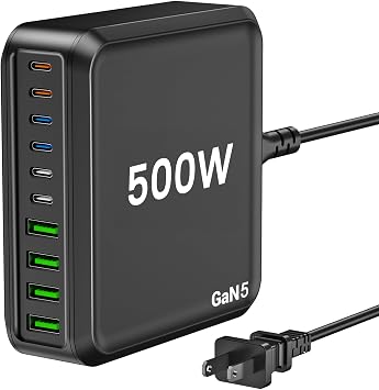 USB C Charging Station, 500W USB C Charger Block 10 Port Fast Charger 100W PD USB-C Charging Station Hub for MacBook Pro/Air/iPad Pro/iPhone 17e/17/16/15/14/13/Pro Max/Samsung Galaxy Note Black