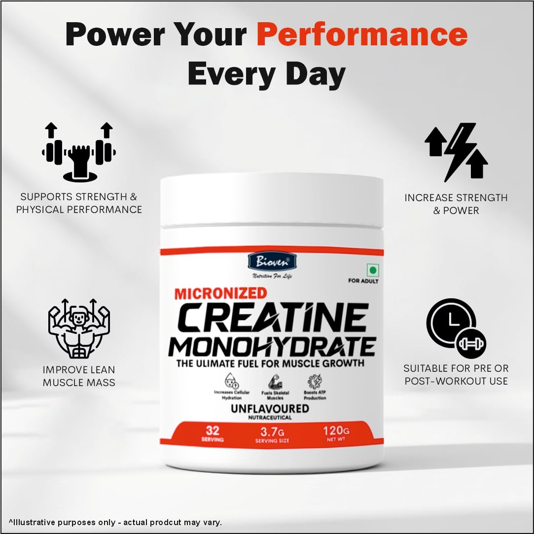 Biovencer Creatine Monohydrate Powder 120g | Muscle Support & Strength Nutrition | Unflavoured Pre-Workout Supplement for Adults