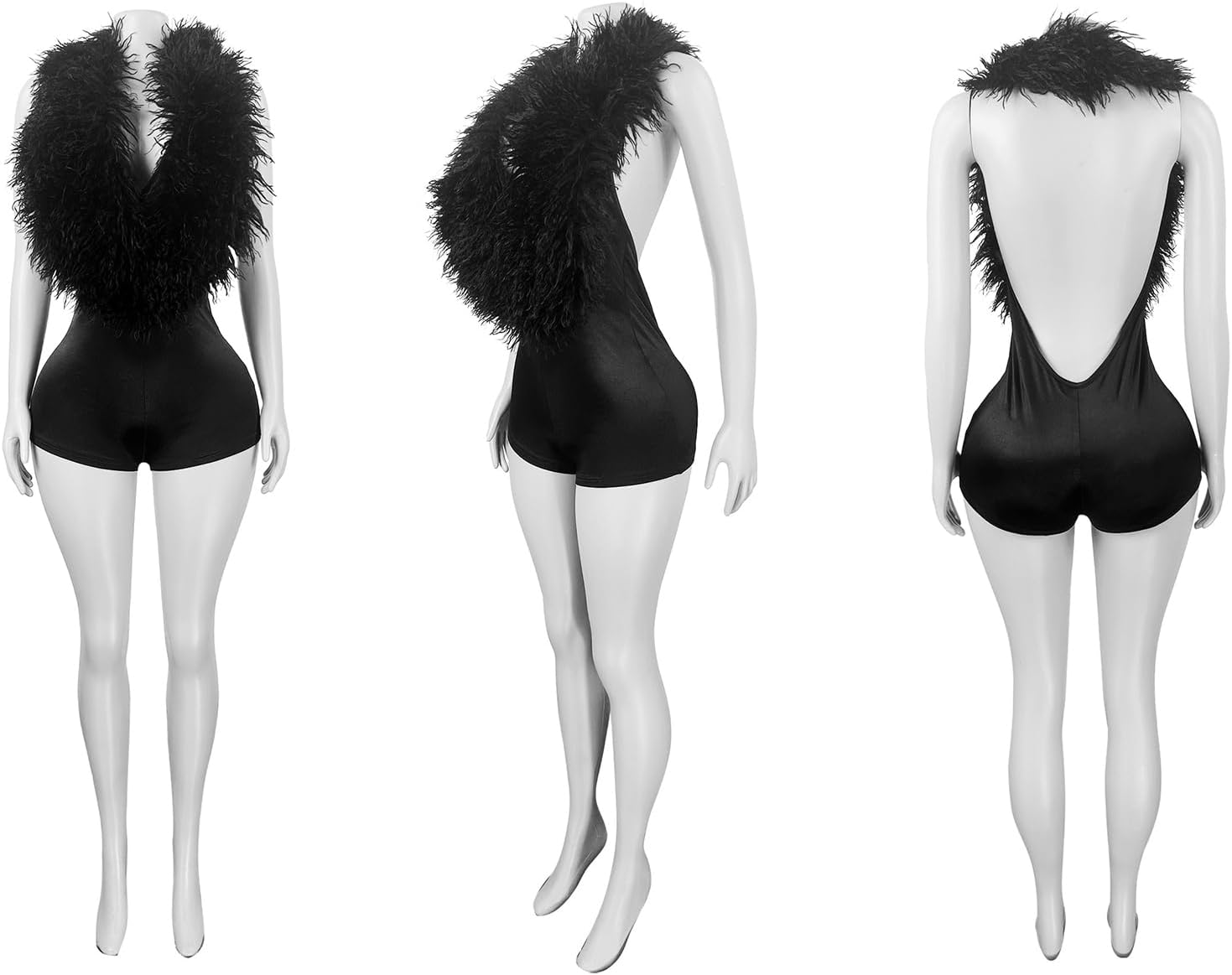 NRTHYE Womens Halter Backless One Piece Jumpsuits Sleeveless Feather Deep V Neck Shorts Bodysuits Romper Club Outfits - Image 6