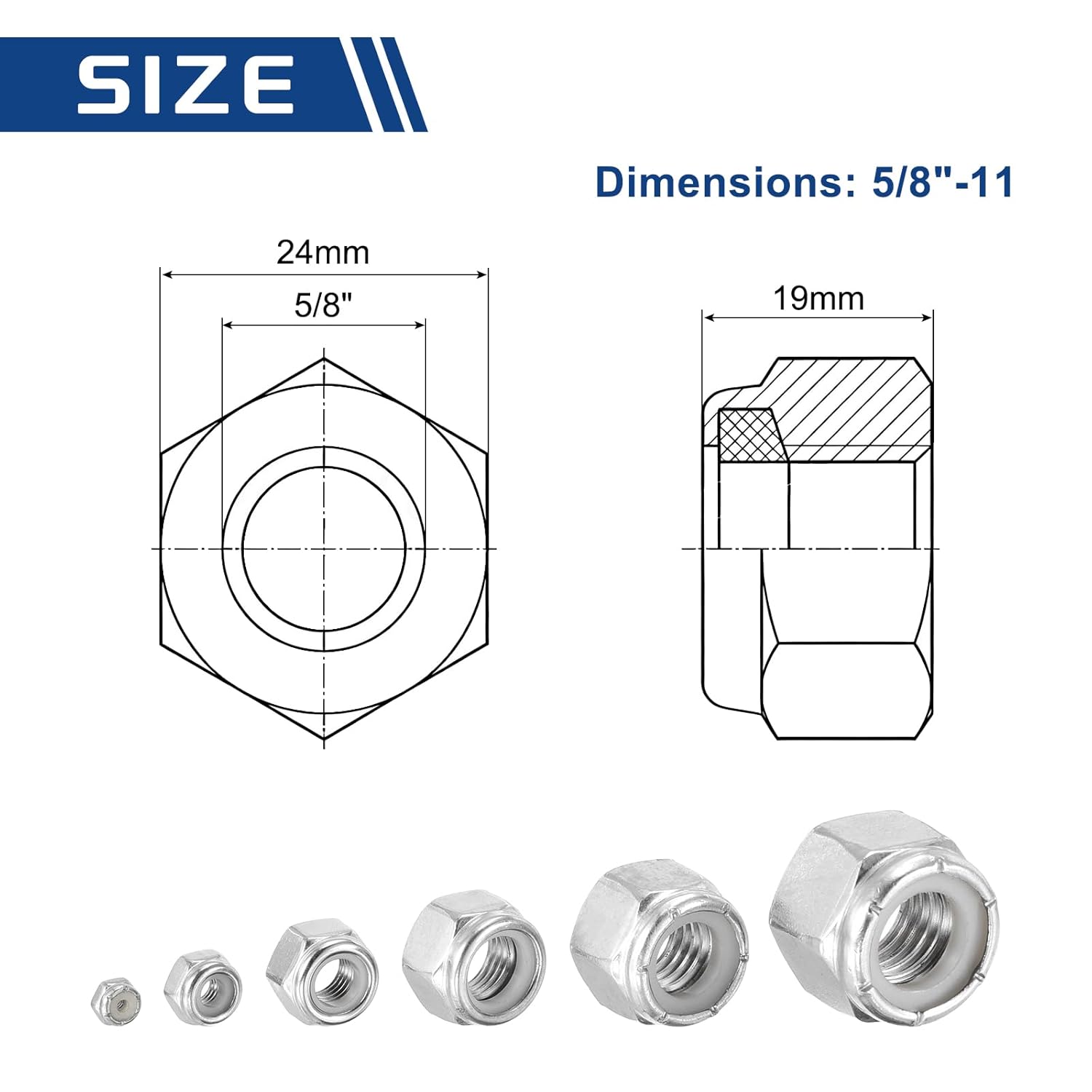 50Pcs Nylon Locking Hex Nuts - [5/8"-11], 304 Stainless Steel Hardware Nuts, Silver, for Automotive, Aerospace, Industrial Applications Use