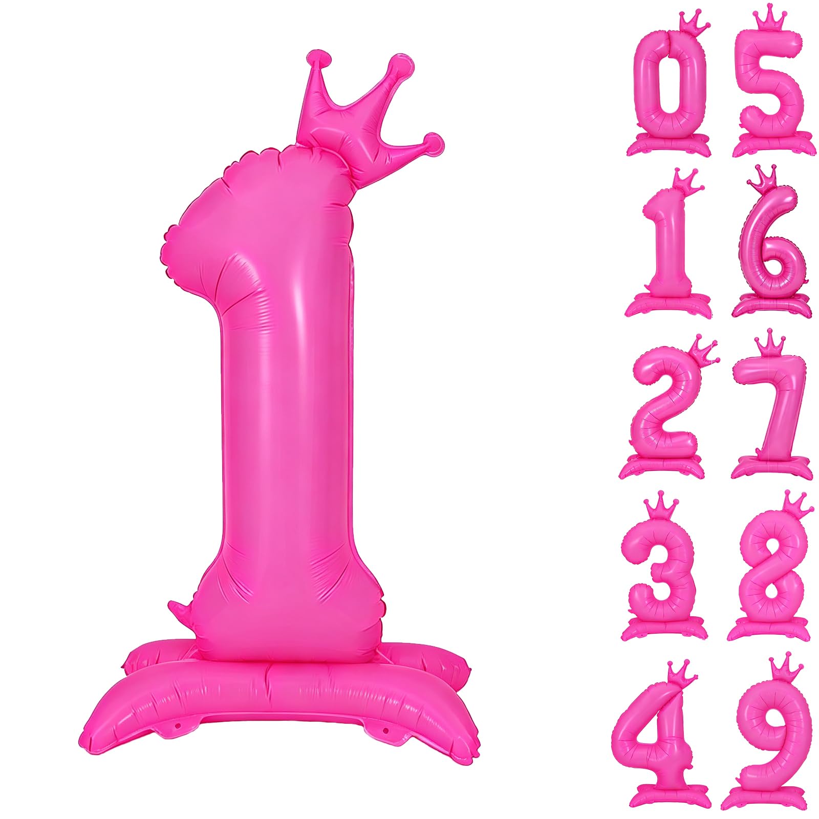 Fluorescent Pink Standing Number 1 Balloon 42 Inch Fluorescent Rose Pink Crown Balloons 0-9 Giant Foil Number 1 Balloon with Crown Birthday Party Decorations Supplies