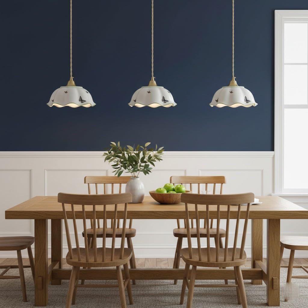 Vintage Wavy Ceramic Hanging Lamp 3 Pack, French Flower Pendant Lights Kitchen Island Butterfly Finish Farmhouse Chandelier Fixture for Dining Room