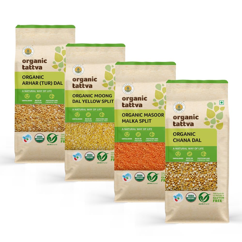 ORGANIC TATTVA Gluten Free & Unpolished Yellow Dal/Pulses Combo Pack (Arhar, Chana, Moong Yellow & Mosoor Malka Split), 2 Kg (500G Each)