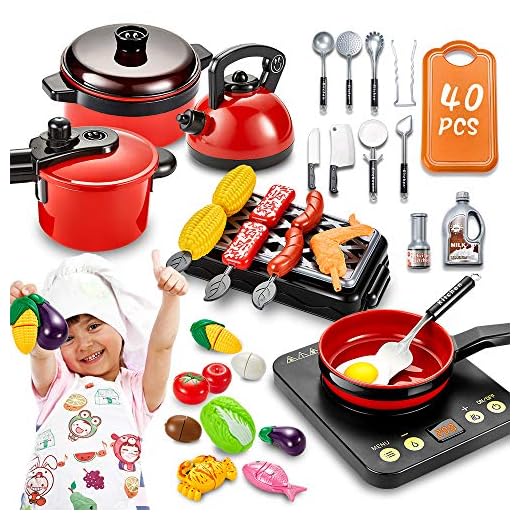 pereberi 40 PCS Kids Kitchen Pretend Play Toys Cooking Set with Cookware Pots and Pans Set BBQ Grill Cutting Play Food Toys Cooking Utensils Accessories for Girls Boy Baby Kids Toddlers