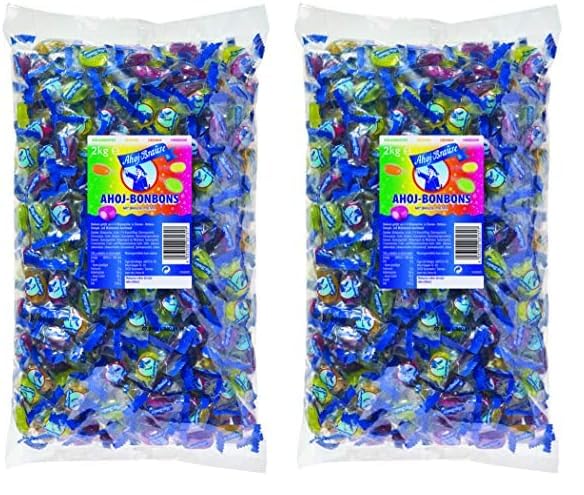 Frigeo Ahoj-Brause Bonbons mit Brause-Pulver im Beutel – Frucht- mit prickelnder Füllung, in vier süß-sauren Geschmacksrichtungen, vegan, im Vorrats-Pack, 2 kg (Packung mit 2)