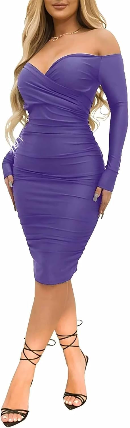 Elegant Off Shoulder Long Sleeve Sexy V Neck Midi Dresses Bodycon Night Club Dress for Women