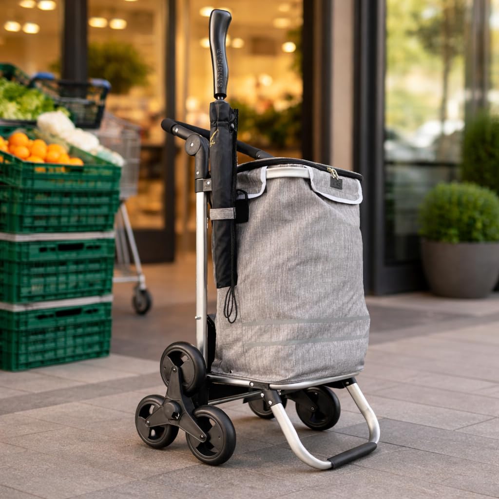 Składany aluminiowy wózek na zakupy 57 l (48 l + 9 l komora chłodząca), szary, nośność 50 kg, 35 x 45 x 98 cm, koła schodowe EVA Ø 32 cm, składany, może służyć jako wózek transportowy i torba na ramię