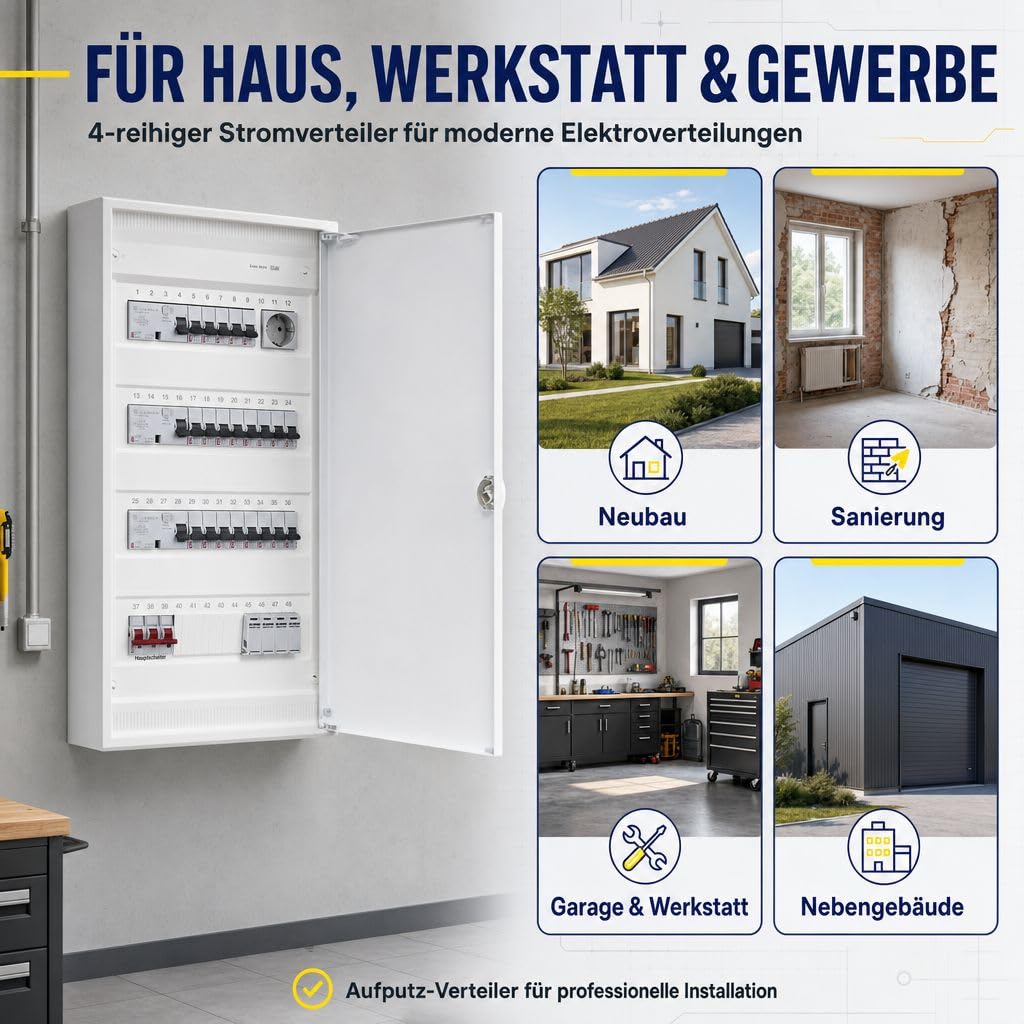 grenda-hammer Sicherungskasten Aufputz 4-reihig komplett verdrahtet, Stromverteiler mit Hauptschalter, 3x FI Schutzschalter, 21x LS-Schalter B16A, Überspannungsschutz Typ 2, Verteilerschrank