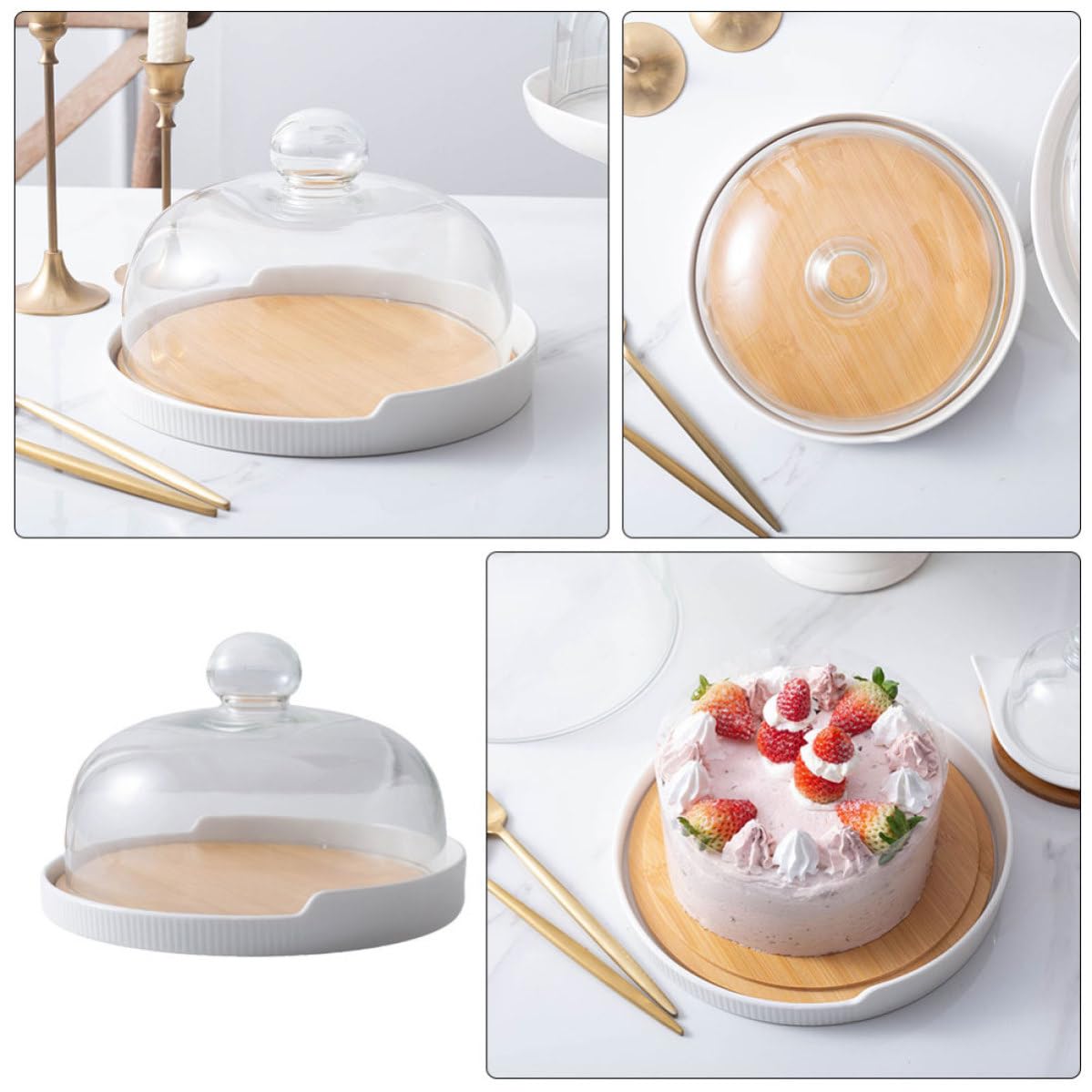 Plateau à Gâteau en Bois avec Couvercle en Verre, 1 Set