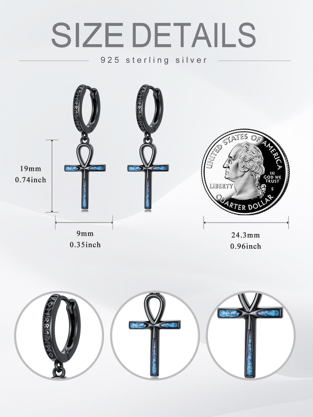 925 Sterling Silber Creolen Herren Damen, Vintage Ohrringe Schwarz mit Türkis Inlay, Hypoallergener Huggie Klappohrstecker Set, Wikinger Punk Gothic Schmuck für Männer Jungen