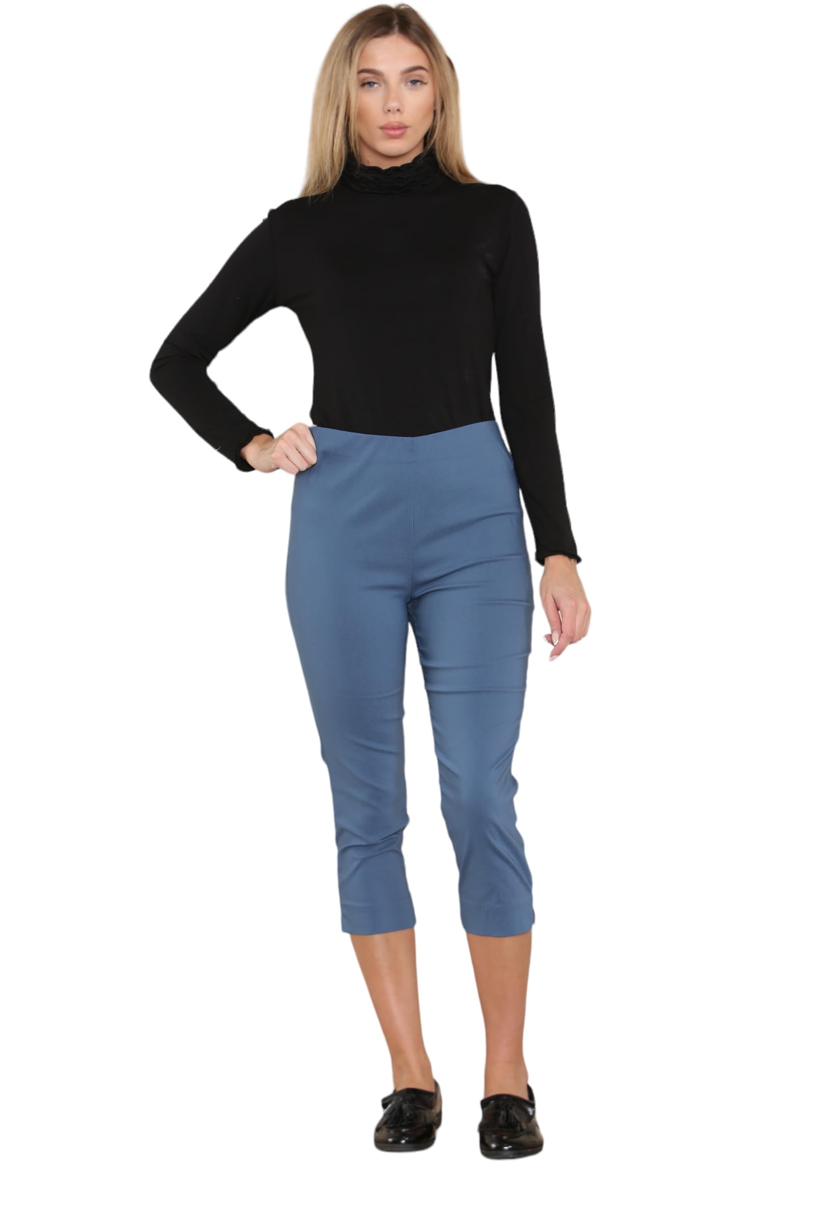 Wearall Women's Denim Cropped Trousers For Uk Capri Trouser Summer Pants Short Crop Stretch 3/4 Length Three Quarter Pedal Pusher Clothes Elasticated Bengaline Cut Off 22