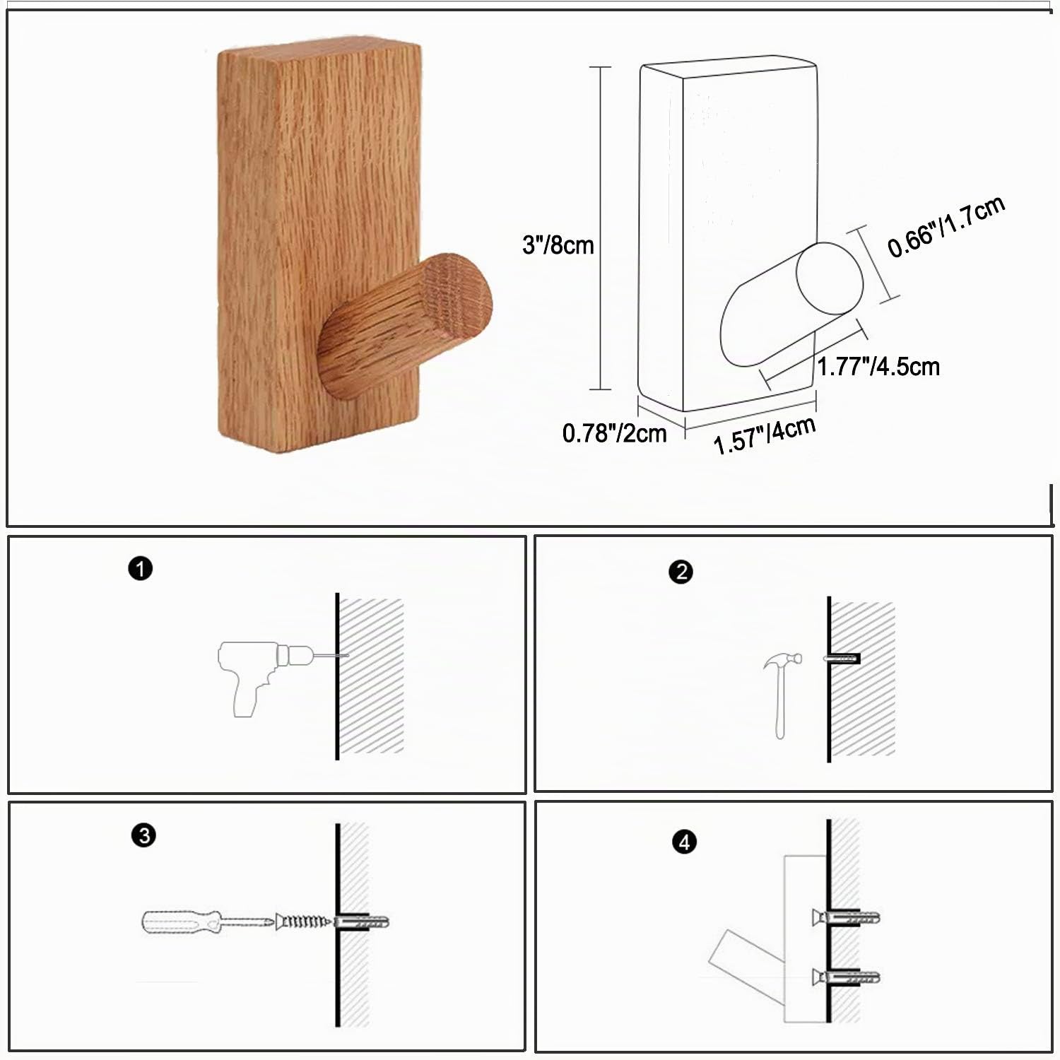 HomeDo Confezione da 4 ganci autoadesivi da parete in legno, appendiabiti decorativi in legno, ganci in legno, ganci per cappelli (Rettangolo Faggio- 4 pezzi)