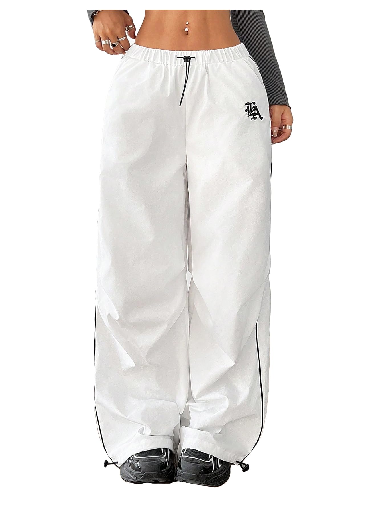 OYOANGLE Womens Contrast Binding Cargo Pants Drawstring Elastic Waist Baggy Parachute Pants Streetwear