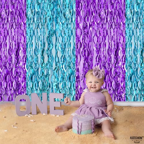 Image of KatchOn, Large Wavy Purple and Blue Fringe Curtain - Pack of 2 | Mermaid Birthday Decorations, Beach Party Decoration | Purple and Blue Foil Fringe for Under The Sea Party Decorations