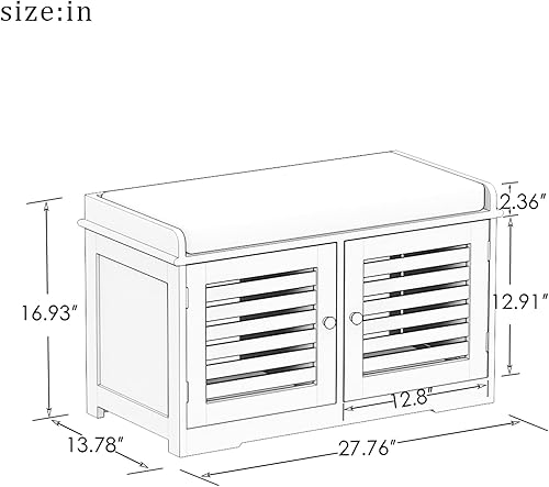 Miniatura 2 de RASOO Banco de almacenamiento de zapatos blanco con 2 puertas y cojín de asiento acolchado en color gris, zapatero con organizador de zapatos