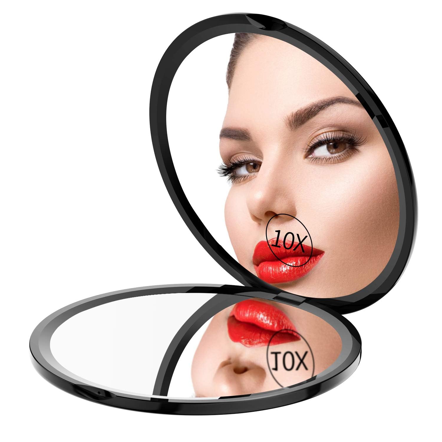 Pocket Makeup Mirror for Travel, 1X/10X Double Sided Magnifying Compact Handbag Cosmetic Mirror, 4 Inch Ultra-Thin Handheld Round Foldable Portable Mirror for Women (Black)