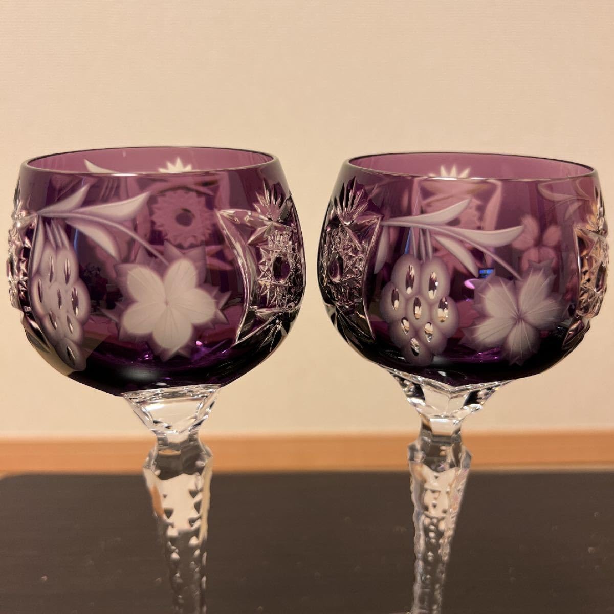 N364、ボヘミア クリスタル 切子 ワイングラス パープル ペア3個