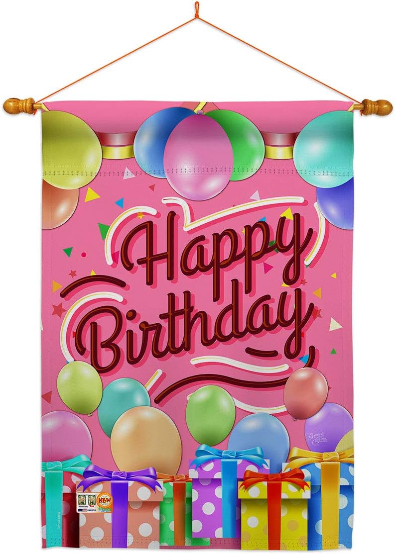 Celebrate Happy Birthday House Flag Dowel Set Celebration Cake Gift Present Candy Bouquet Occasion Anniversary Party Small Decorative Yard Banner Made In USA 28 X 40