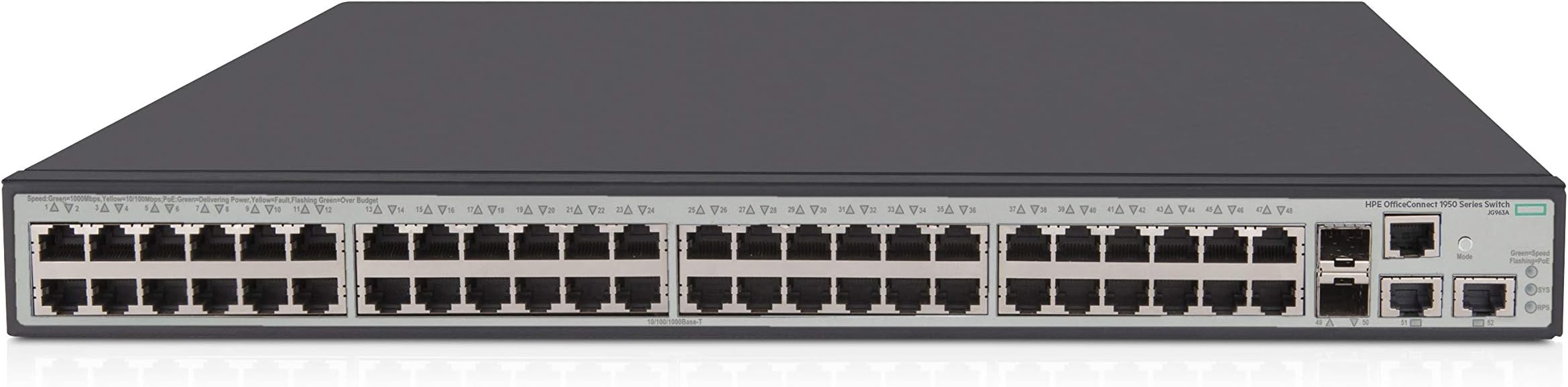 HPE 1950-48G-2SFP+-2XGT-PoE+ Switch - C3 - Managed - 48 x 10/100/1000 (PoE+) + 2 x Gigabit SFP / 10 Gigabit SFP+ + 2 x 10Gb Ethernet - Rackmount - PoE+ (370 W)