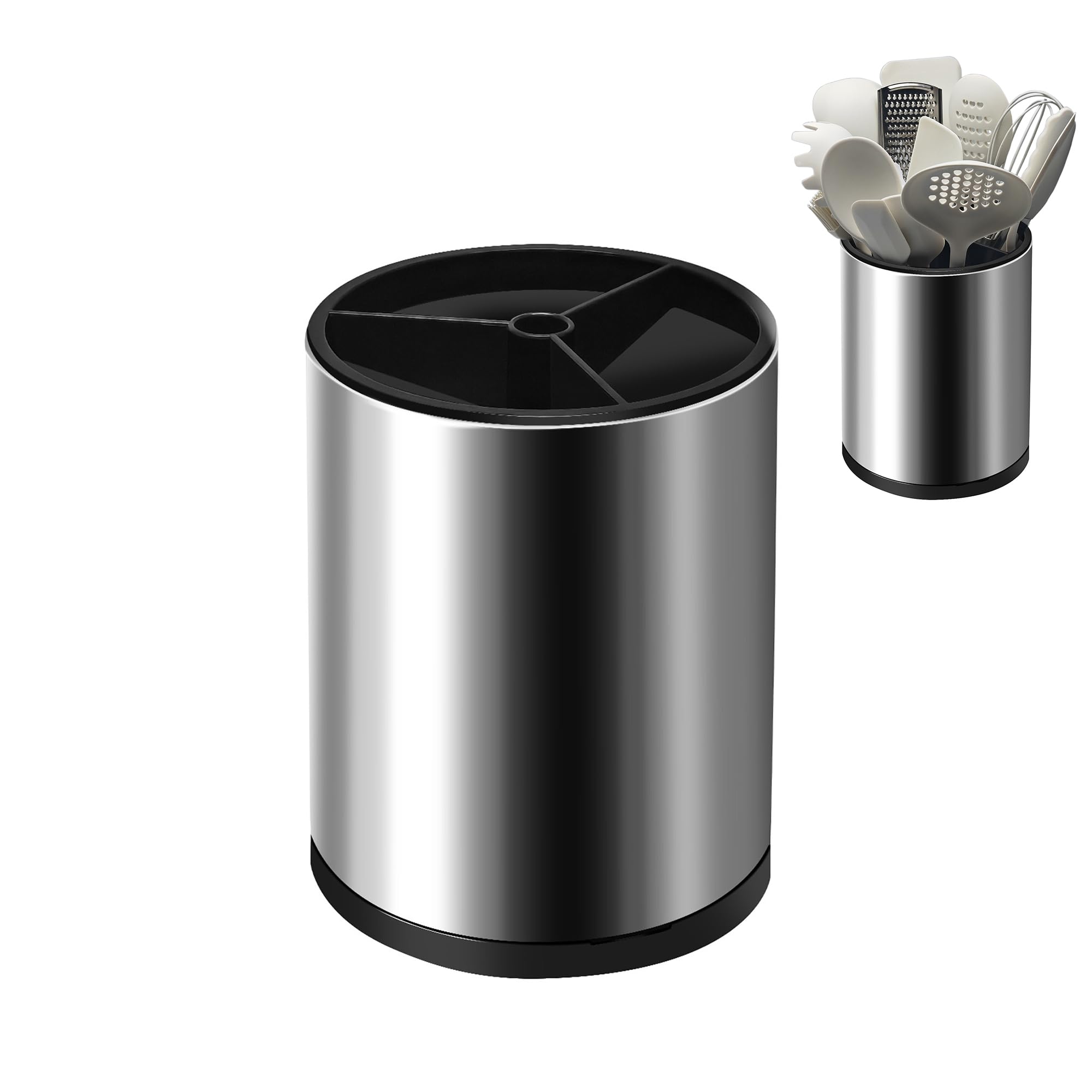 OPPRSPRS Stainless 360° Rotating Kitchen Utensil Holder,Large Counter Utensil Caddy, Cooking Spoon Stand Spatula Cutlery Metal Utensil Canister Tool Silverware Holder Rack For Countertop (Silver)