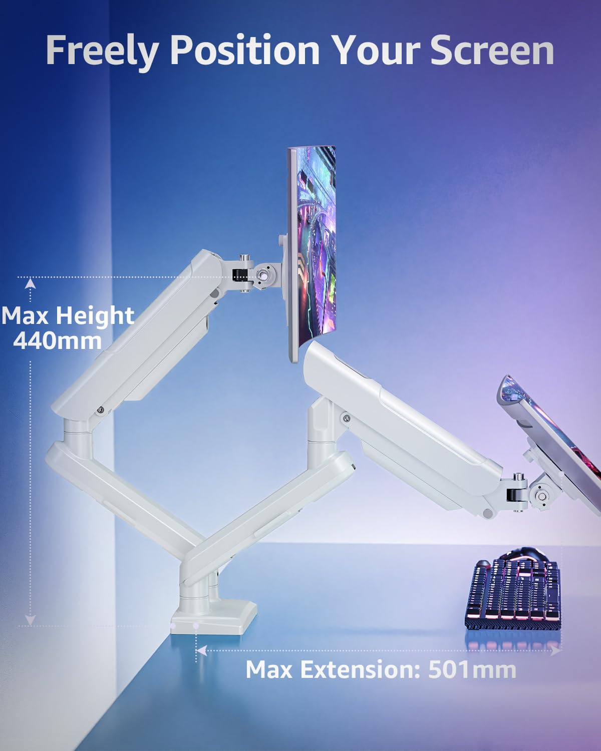 ELIVED Monitor Halterung 2 Monitore für 13-32" Bildschirme, Bildschirmhalterung 2 Monitore hält 2-9 kg Monitor mit VESA 75/100mm, Gasfeder Monitor Arm mit Neigbar, Schwenkbar, Drehbar, Weiß, EV6012W