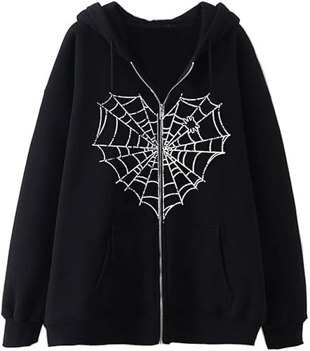 Chaqueta de gran tamaño con capucha Y2K con cremallera de tela de araña y corazón, sudadera gótica punk con capucha, ropa de calle
