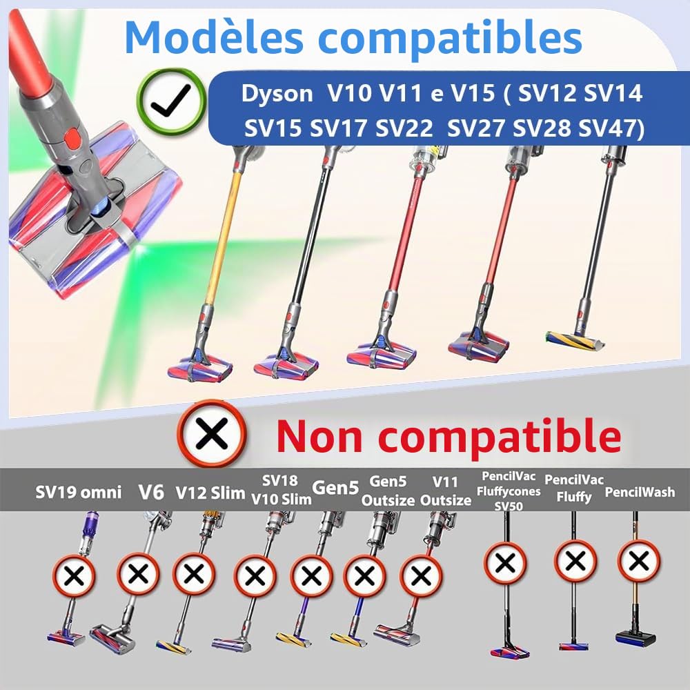 Brosse à FluffyCones pour Dyson V10 V15 V11 avec 2 LED Vertes