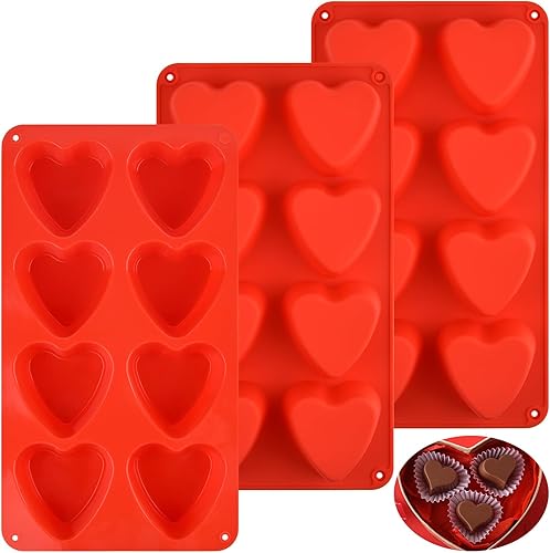 3 moldes de silicona con forma de corazón, 8 cavidades, molde de silicona de corazón grande, molde de silicona con forma de corazón para San