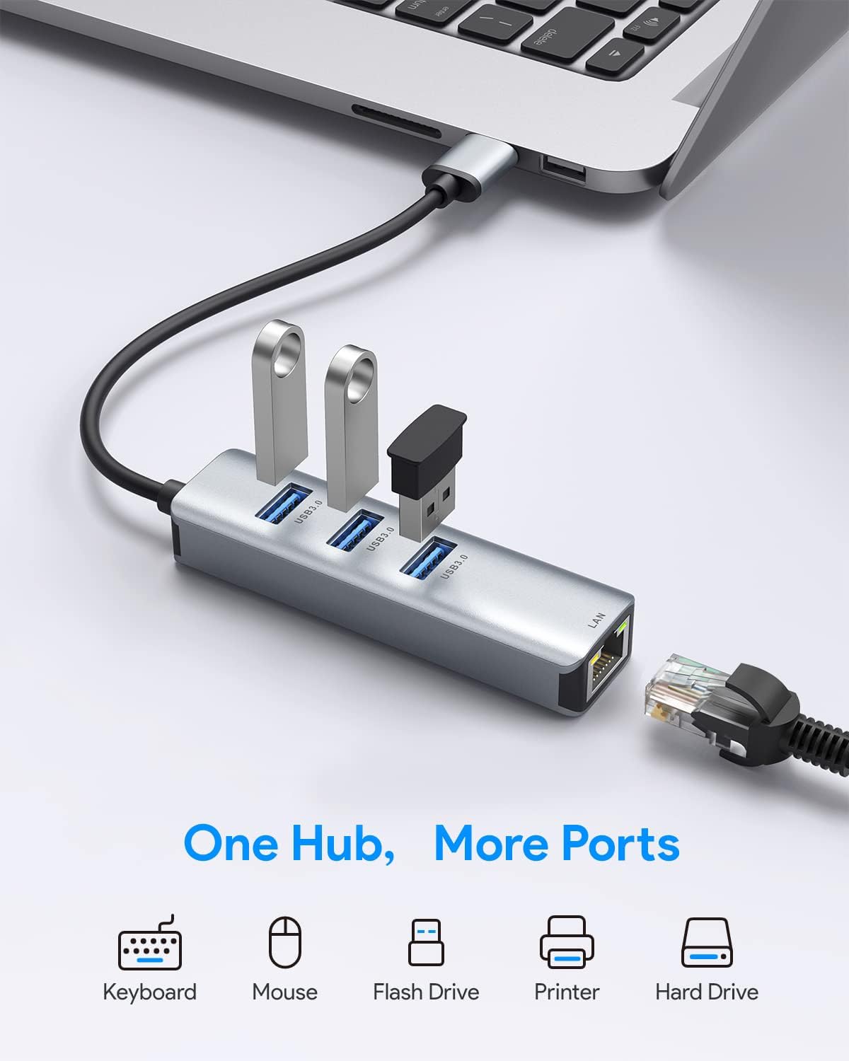 USB 3.0 to Ethernet Adapter,ABLEWE 3-Port USB 3.0 Hub with RJ45 10/100/1000 Gigabit Ethernet Adapter Support Windows 10,8.1,Mac OS, Surface Pro,Linux,Chromebook and More