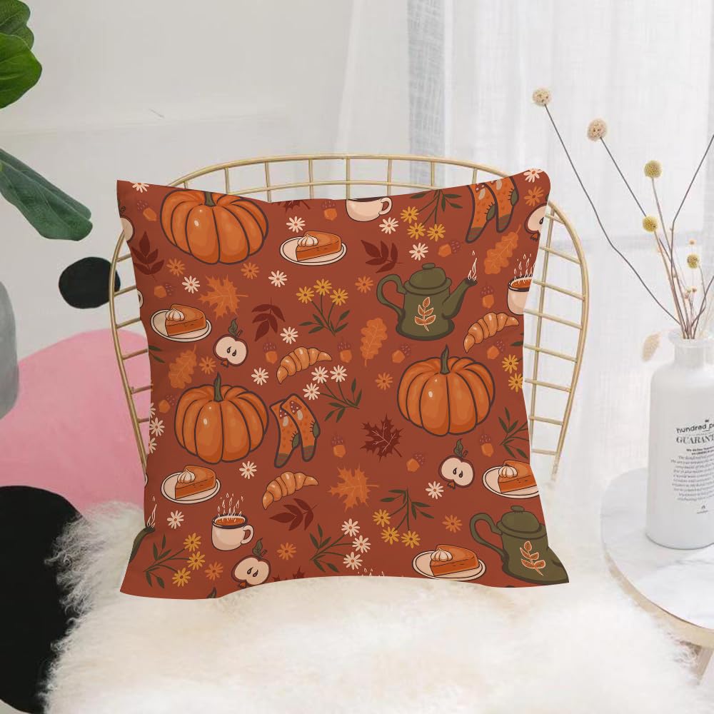HYOSXW Cushion Cover,Throw Pillow Case Home Decorative for Living Room Bedroom Sofa Chair 16X16 Inch,Autumn-themed elements pumpkin, teapot,Pillowcase 40X40cm