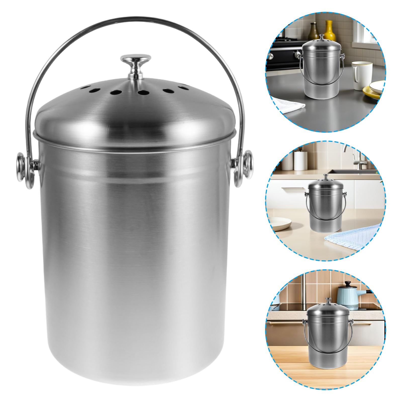 SHERCHPRY Edelstahl Kompostbehälter mit Deckel 5l für Küche Geruchsneutraler Biomülleimer mit Aktivkohlefilter und Platzsparendem Design für Arbeitsplatten