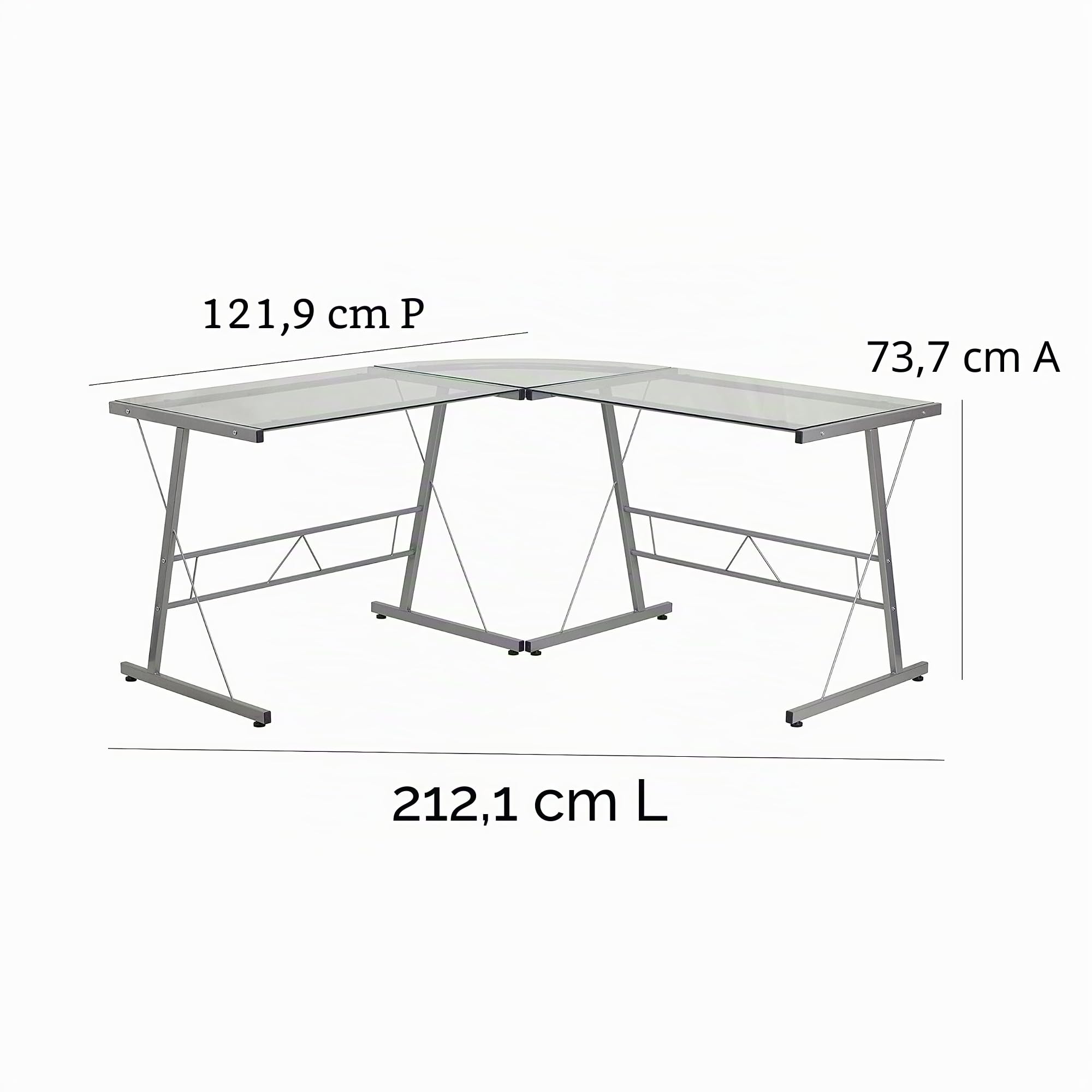 Flash Furniture Scrivania angolare a L, per computer, gaming e ufficio domestico, 212 cm, salvaspazio, facile da montare, trasparente/argento, set da 1 pezzo