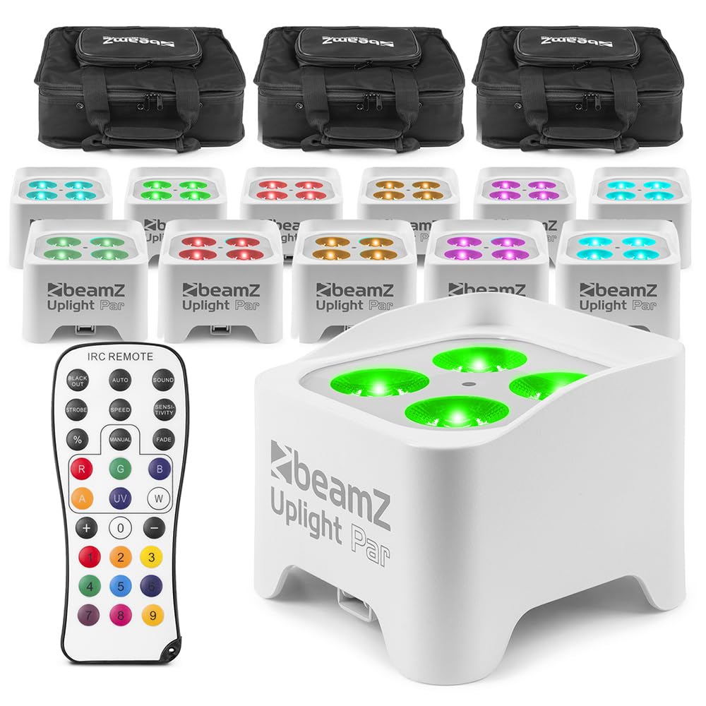 Beamz White Bbp90w Wireless Battery Operated Led Par Uplighters (X12) With Soft Cases And Remote Control - 4X 4W Rgb-Uv,