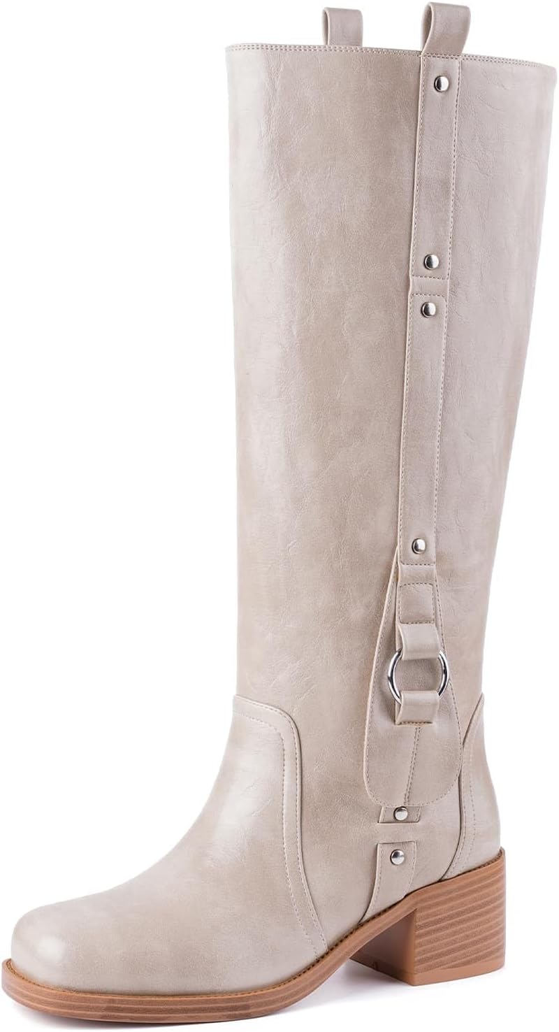 CORNMOOD Knee High Boots for Women Chunky Block Heel Square Toe Tall Boots Pull on Biker Riding Boots Comfortable Fashion Long Boots for Fall Winter