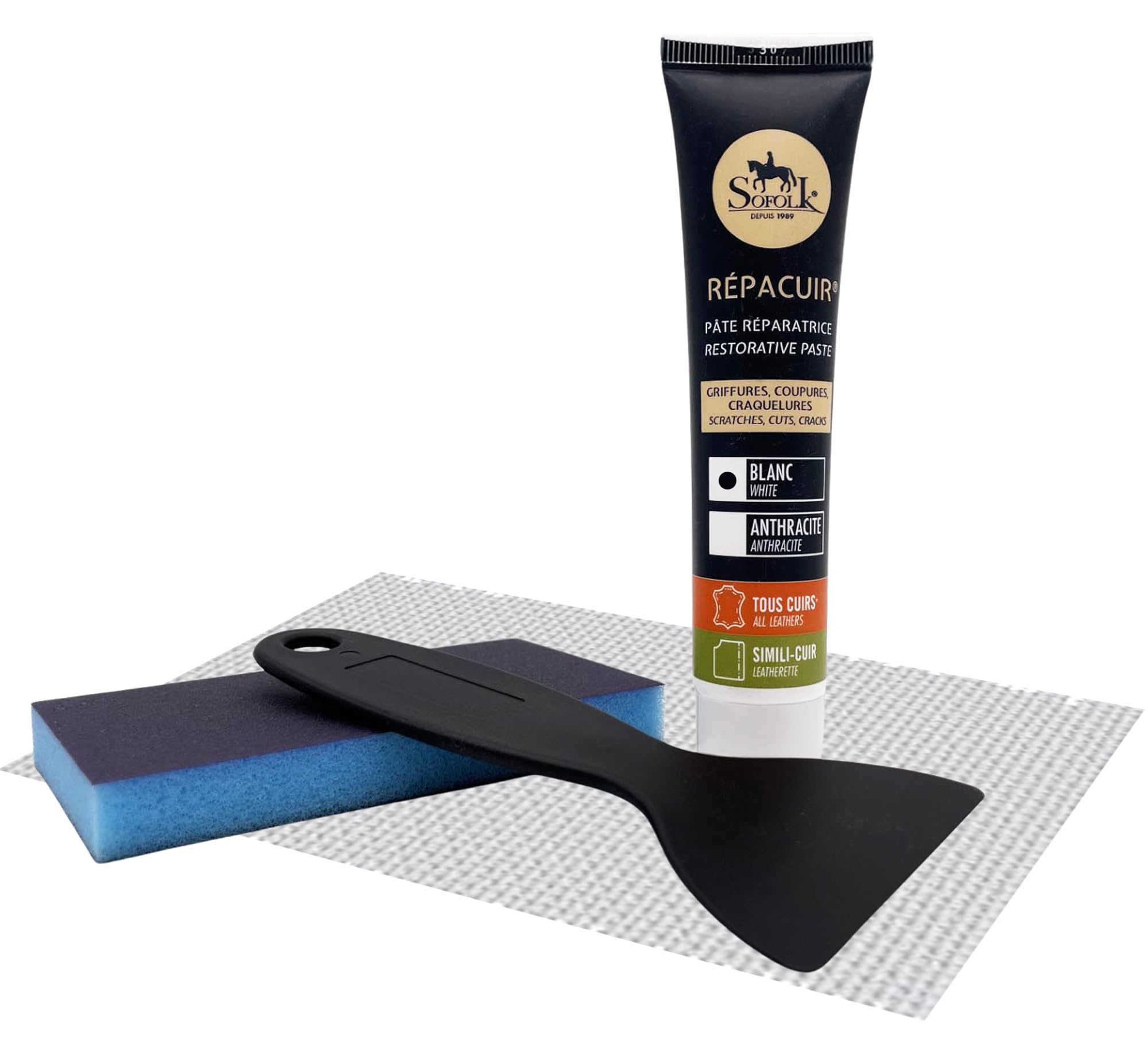 Sofolk - Kit Réparation Tous Types de Cuir - Pâte Réparatrice RépaCuir 25 GR + 1 Pièce d'intissé 10 x 20 cm + 1 Feuille de Papier Abrasif - pour Cuir Usé, Griffures, Coupures, Craquelures