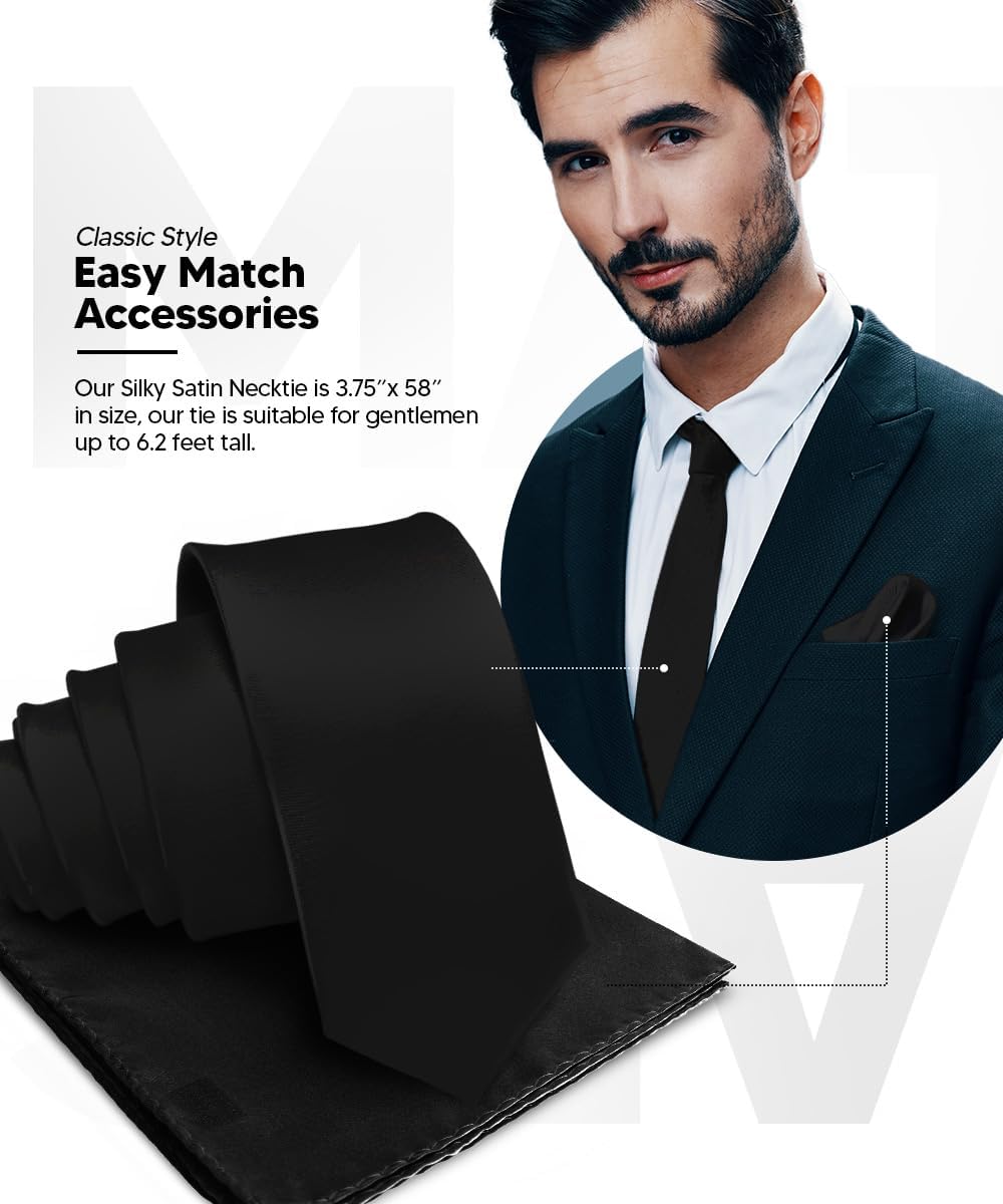 Premium Solid Satin Necktie & Pocket Square Set for Men - Matching Men's Tie Set
