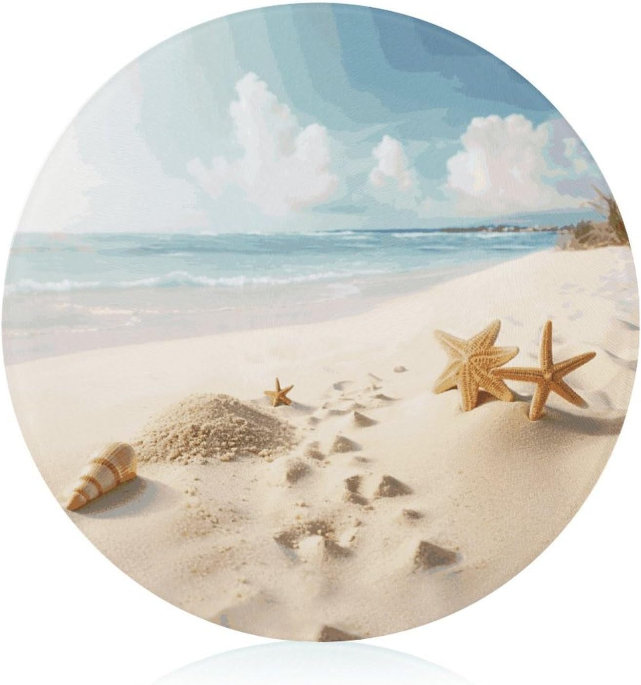 Beach Theme Cutting Board Portable Small Chopping Boards Tempered Glass Kitchen Counter Protector Non-Slip Round Charcuterie Boards Mat for Bar Cheese Board