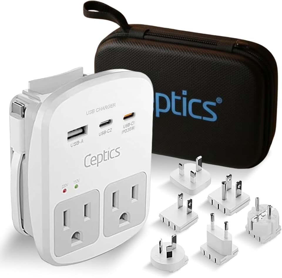 Ceptics Ceptics 35W Universal Travel Adapter Kit – 2 USA sockets, USB-A, USBC, 1x PD 35W USB-C and USBC Cable, Surge Protected, Plugs for EU, UK, China, AU, Japan - for Laptop, Phone, Camera-ETL Tested