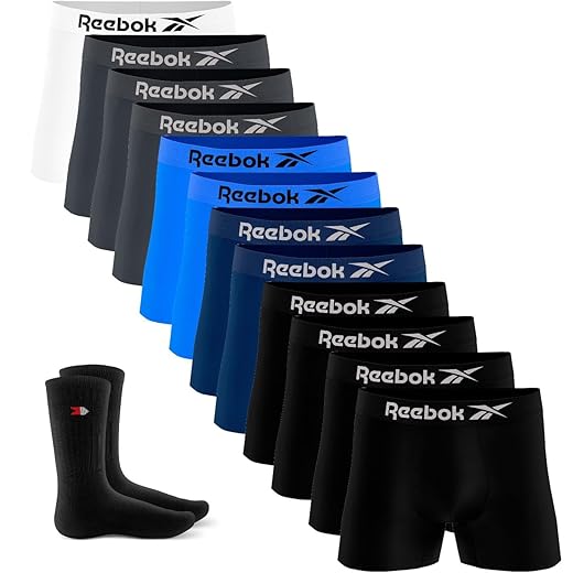 Kit 12 Cuecas Boxer Reebok Masculinas Microfibra, Adulto, Box Sem Costura + 2 Meias